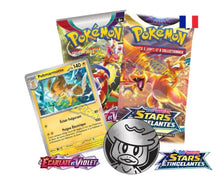 Charger l'image dans la galerie, lot de 12 bi-pack pokemon contenant un booster eb09 stars etincelantes, un booster ev01 ecarlate et violet, une carte brillante du Pokemon Pohmarmotte, une pièce métallisée et une carte à code pour le JCC Pokemon Live