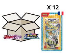 Charger l'image dans la galerie, lot de 12 bi-pack pokemon contenant un booster eb09 stars etincelantes, un booster ev01 ecarlate et violet, une carte brillante du Pokemon Pohmarmotte, une pièce métallisée et une carte à code pour le JCC Pokemon Live