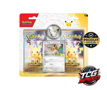 Charger l'image dans la galerie, Pokémon 30e Anniversaire Duopack Évoli français avec 2 boosters, carte promo brillante Évoli et pièce Pikachu