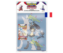 Charger l'image dans la galerie, Découvrez le nouveau cahier range cartes portfolio Pokemon Ecarlate et Violet EV01 au format a4 de 9 cases recto verso à l effigie de l emblématique Pokemon Lucario et permettant de ranger, classer et protéger 180 cartes accompagné d un booster de l extension Ecarlate et Violet contenant 10 cartes supplémentaires