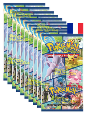 Lot de 10 boosters de l'extension du jeu de cartes à jouer et à collectionner Pokemon Go de 10 cartes supplémentaires en version française.
