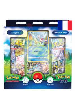 Retrouvez le coffret Pokemon Go Pin’s Carapuce en version française et contenant une carte promo brillante Carapuce, un pin’s de collection Carapuce, trois boosters Pokemon Go de 10 cartes supplémentaires chacun ainsi qu une carte à code pour jouer au jeu Pokemon Online