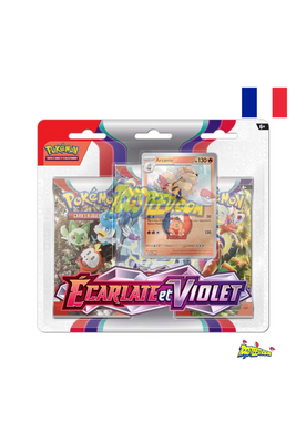 Tripack de l’extension pokemon ev01 ecarlate et violet en version française et contenant 3 boosters de 10 cartes supplémentaires chacun une carte promo brillante du pokemon arcanin ou oyacata et une carte à code pour le jcc pokemon live