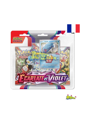 Tripack de l’extension pokemon ev01 ecarlate et violet en version française et contenant 3 boosters de 10 cartes supplémentaires chacun une carte promo brillante du pokemon arcanin ou oyacata et une carte à code pour le jcc pokemon live
