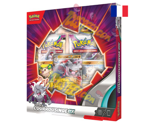 Coffret Pokémon Courrousinge Ex en version française et contenant  1 carte promo brillante de Courrousinge Ex, 1 carte brillante de Colossinge, 1 carte brillante de Férosinge et 4 Boosters de 10 cartes supplémentaires chacun 