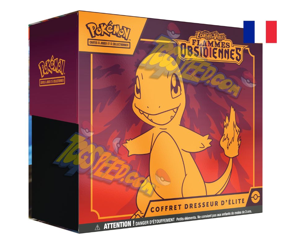 Découvrez le Coffret du Dresseur ou Elite Trainer Box Pokémon de l’extension EV03 Flammes Obsidiennes en version française et contenant 9 Boosters de 10 cartes supplémentaires chacun, 65 sleeves ou protège-cartes, 45 cartes Energie ainsi qu’un livret de règles du JCC Pokémon