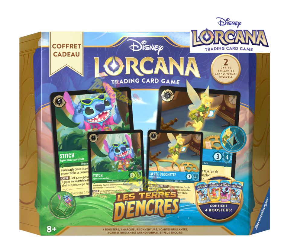 Découvrez le Coffret Cadeau Lorcana Chapitre 03 Les Terres d'Encres en version française et contenant 2 cartes brillantes de Stitch et de la Fée Clochette, deux cartes brillantes, 32 jetons Dommage, 4 Boosters de 12 cartes supplémentaires chacun ainsi que deux marqueurs de Lore illustrés