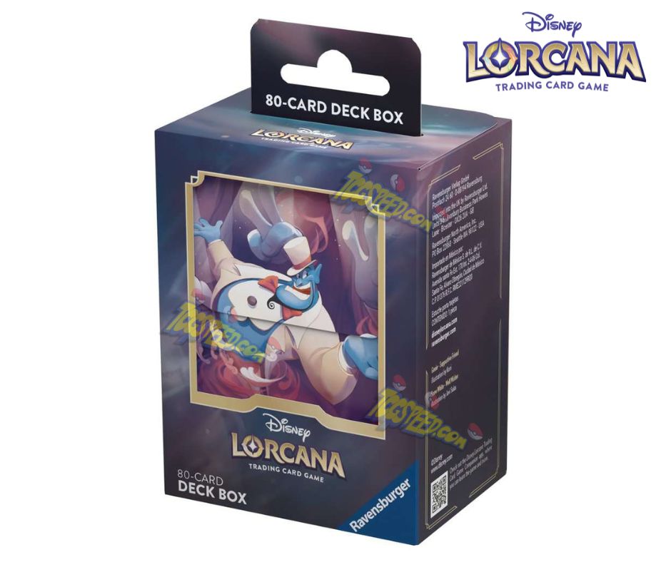 Rangez et transportez vos cartes Lorcana Disney TCG dans cette boîte de rangement illsutrée  à l'effigie du Génie d'Alibaba et pouvant contenir 80 cartes protégées