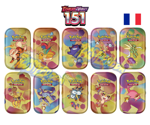 Découvrez le pack de 10 Mini Tin Pokémon 151 Ecarlate et Violet EV3.5 en version française contenant chacune 2 boosters Ecarlate et Violet 151, 1 pièce de monnaie représentant l’un des dix styles spéciaux des différents symboles de l’énergie ainsi qu’une carte illustrée des Pokémon Ectoplasma, Elektek, Arcanin, Dracolosse, Insecateur, Kadabra, Mackogneur, Magneton, Tygnon et enfin Ramoloss.