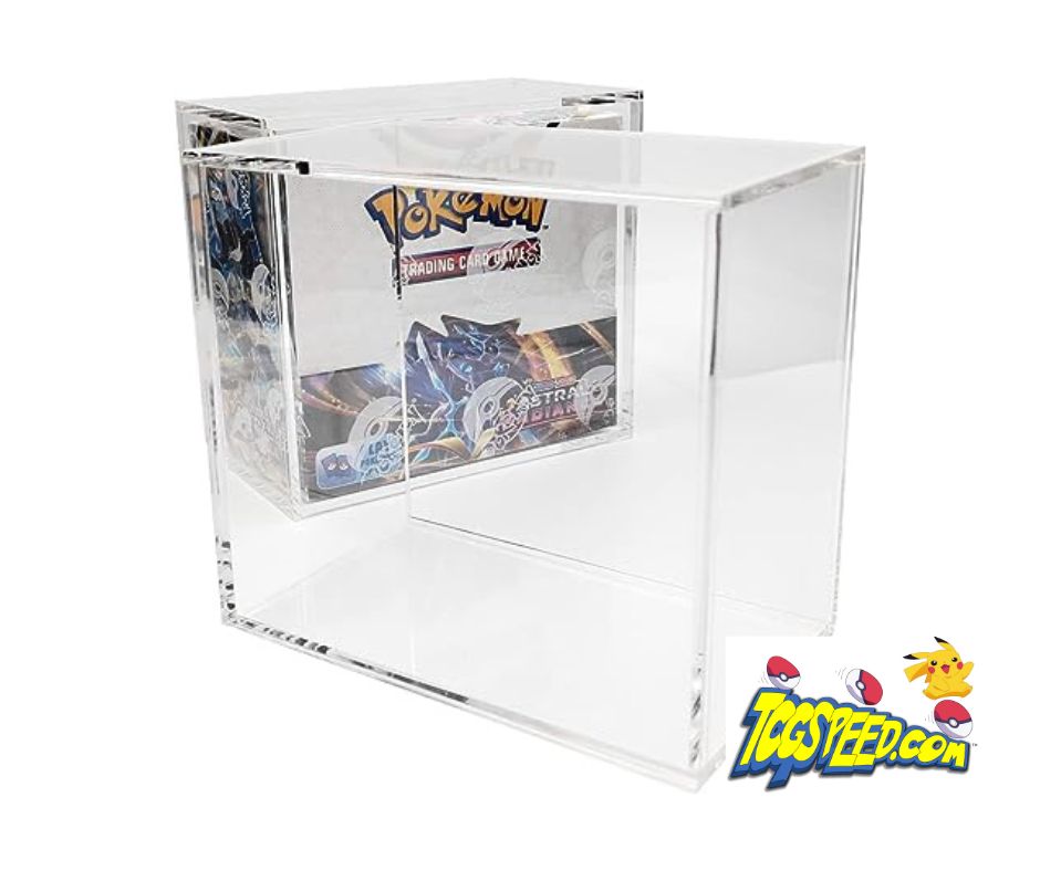 Boîtier de protection acrylique pour vos Displays scellés Pokémon mesurant une épaisseur de 8.8cm, une longueur de 14.9 cm et une largeur de 13.8 cm