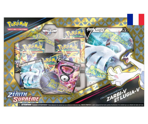 Découvrez le Coffret Pokémon de l’extension Epée et Bouclier EB12.5 Zénith Suprême Zarbi V et Lugia V en version française et contenant 5 boosters de 10 cartes supplémentaires chacun, 1 carte promotionnelle de Lugia V, 1 carte promotionnelle de Zarbi V, 1 pièce pour jouer à l’effigie de Lugia, 1 pins Lugia ainsi qu’une grand format ou jumbo de lugia V