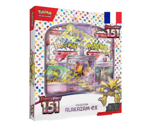 Découvrez le coffret Pokémon 151 Ecarlate et Violet 3.5 Alakazam ex en version française et contenant 4 boosters de l’extension 151 de 10 cartes supplémentaires chacun, une carte promotionnelle Alakazam Ex, une carte du Pokémon Abra, une carte du Pokémon Kadabra ainsi qu’une carte à code pour jouer au JCC Pokémon Live