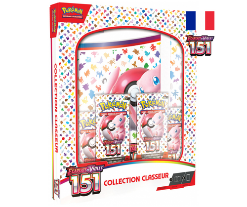 Découvrez ce coffret collection classeur Pokemon Ecarlate et Violet 151 contenant un classeur range-cartes de 20 pages de 9 pochettes chacune et pouvant contenir jusqu’à  360 cartes accompagné de 4 boosters EV151 de 10 cartes supplémentaires chacun en version française