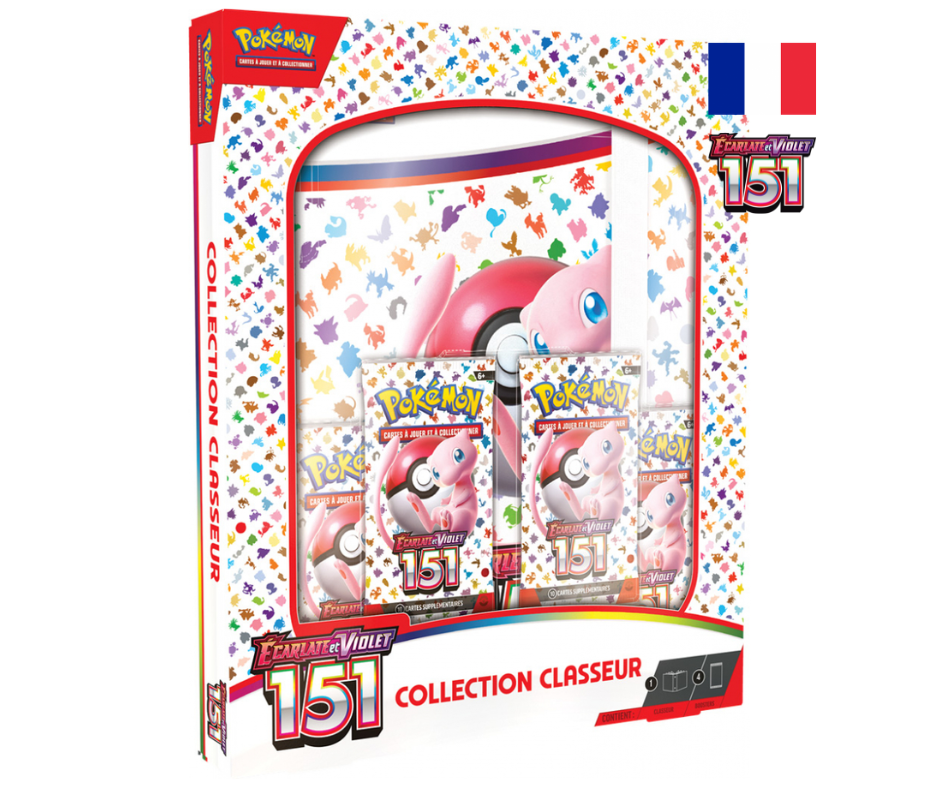 Découvrez ce coffret collection classeur Pokemon Ecarlate et Violet 151 contenant un classeur range-cartes de 20 pages de 9 pochettes chacune et pouvant contenir jusqu’à  360 cartes accompagné de 4 boosters EV151 de 10 cartes supplémentaires chacun en version française