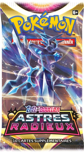 Booster Pokemon Astres Radieux à l'effigie de Dialga, Pokemon légendaire de type Acier et Dragon de la quatrième génération et contenant 10 cartes supplémentaires et une carte énergie  pour jouer au JCC Pokemon et en précommande chez tcgpseed.com