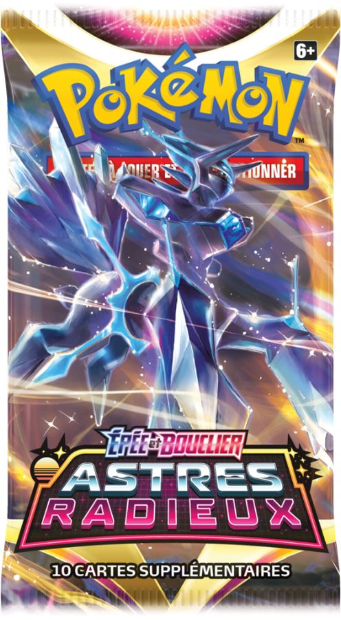 Booster Pokemon Astres Radieux à l'effigie de Dialga, Pokemon légendaire de type Acier et Dragon de la quatrième génération et contenant 10 cartes supplémentaires et une carte énergie  pour jouer au JCC Pokemon et en précommande chez tcgpseed.com