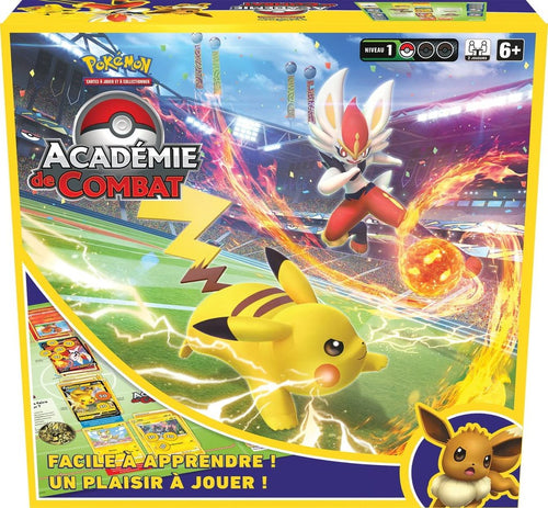 Rejoignez les dresseurs Pokemon à l'Académie de Combat avec ce coffret très complet et composé de 3 decks complets de 60 cartes chacun ainsi que 3 cartes promo spéciales de Pyrobut, Pokachu et Evoli