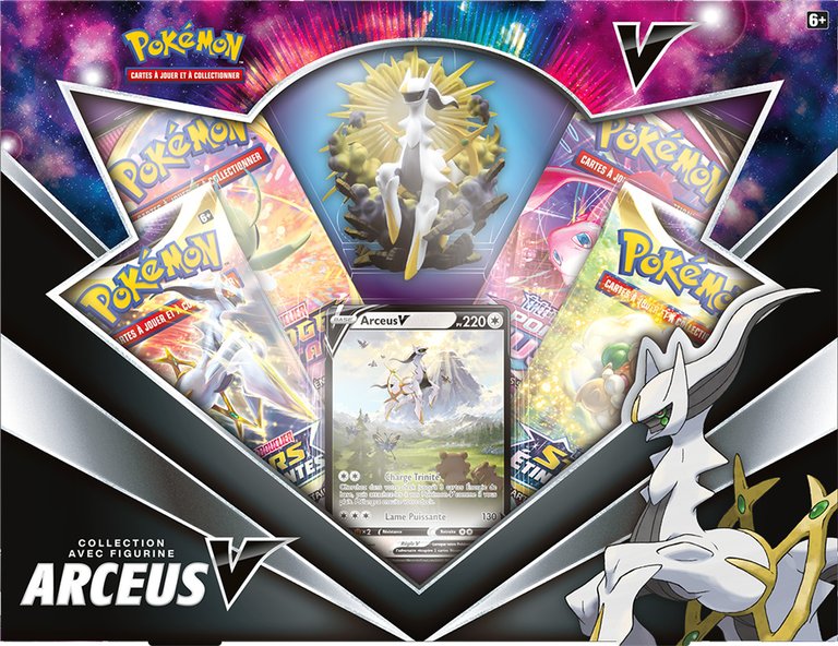 Découvrez le magnifique Coffret Pokemon Arceus V composé de 4 boosters supplémentaires, d'une figurine Arceus sculptée ainsi que d'une carte promo brillante