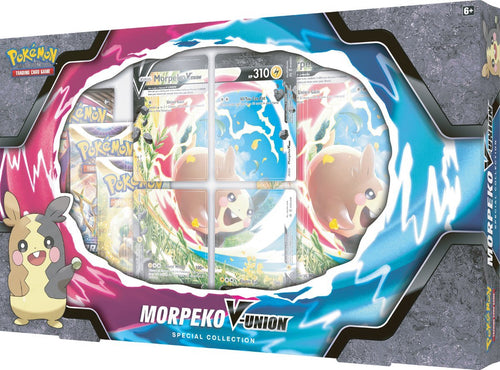 Coffret Pokemon Morpeko V Union version française contenant 4 cartes promo de Morpeko 1 carte supporter du professeure pimprenelle ainsi que 4 boosters de 10 cartes supplémentaires chacun
