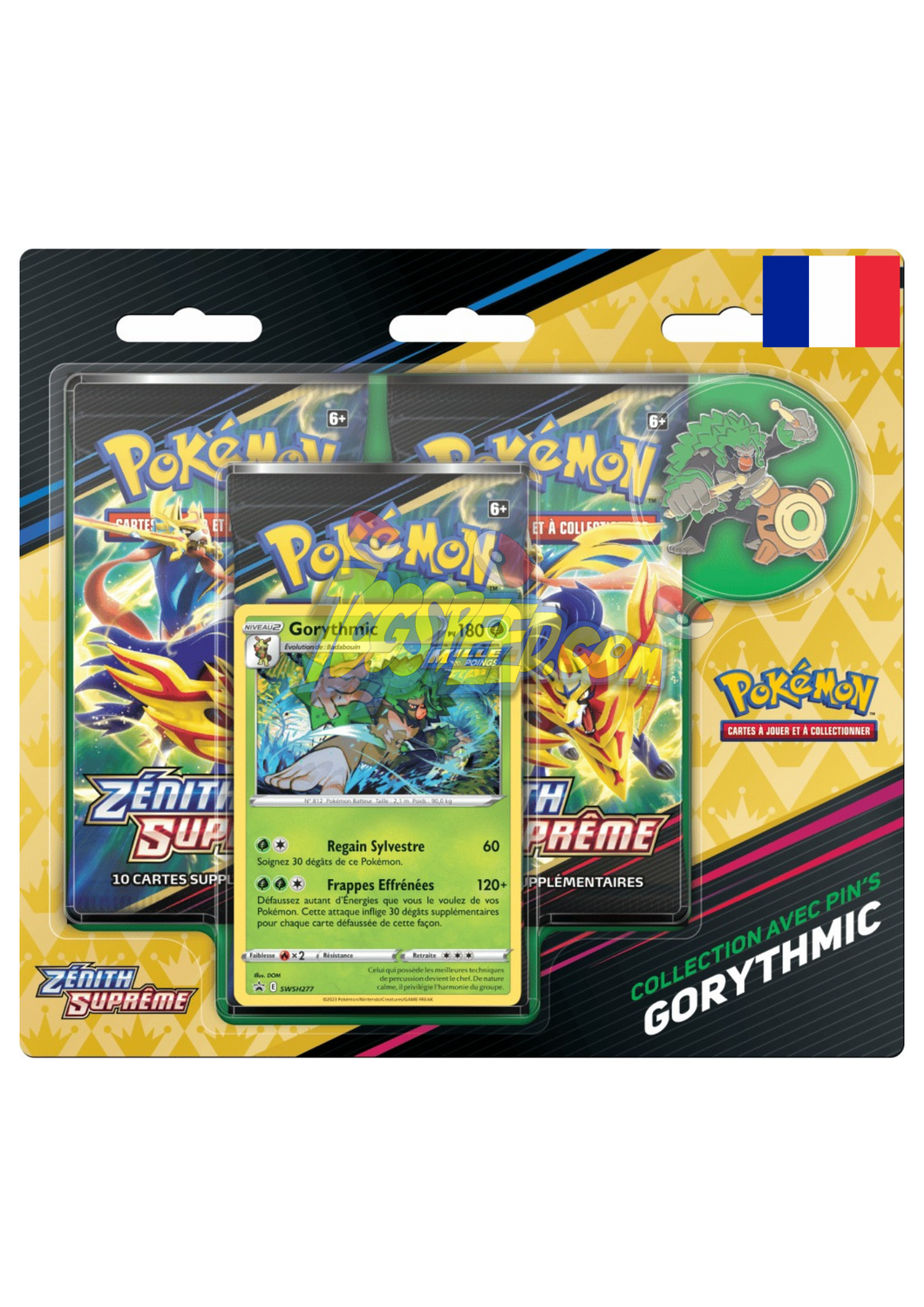 Découvrez le pack de 3 Boosters Pokémon de l’extension EB12.5 Zénith Suprême en version française composé de 3 Boosters de 10 cartes supplémentaires chacun, d’une carte promo à l’effigie de Lézargus, Goryhtmic ou Pyrobut ainsi que d’un pin’s de l’un de ces Pokémon