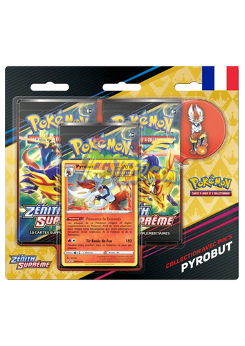 Découvrez le pack de 3 Boosters Pokémon de l’extension EB12.5 Zénith Suprême en version française composé de 3 Boosters de 10 cartes supplémentaires chacun, d’une carte promo à l’effigie de Lézargus, Goryhtmic ou Pyrobut ainsi que d’un pin’s de l’un de ces Pokémon