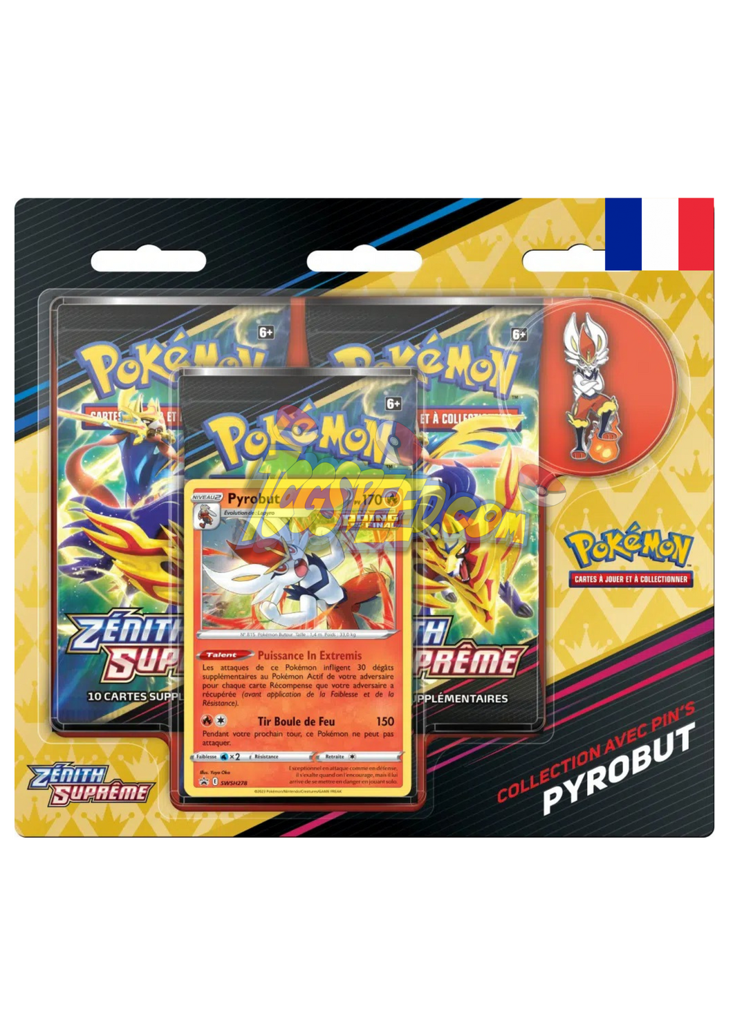 Découvrez le pack de 3 Boosters Pokémon de l’extension EB12.5 Zénith Suprême en version française composé de 3 Boosters de 10 cartes supplémentaires chacun, d’une carte promo à l’effigie de Lézargus, Goryhtmic ou Pyrobut ainsi que d’un pin’s de l’un de ces Pokémon
