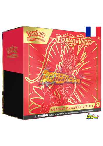 Coffret du dresseur ou elite trainer box pokemon de l’extension ev01 ecarlate et violet en version française et contenant 9 boosters de 10 cartes supplémentaires chacun 1 carte promo brillante entièrement illustrée du pokemon koraidon ou miraidon de 65 protèges-cartes et de 45 cartes energie 