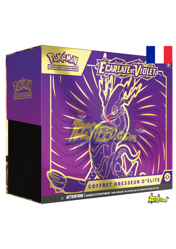 Coffret du dresseur ou elite trainer box pokemon de l’extension ev01 ecarlate et violet en version française et contenant 9 boosters de 10 cartes supplémentaires chacun 1 carte promo brillante entièrement illustrée du pokemon koraidon ou miraidon de 65 protèges-cartes et de 45 cartes energie 