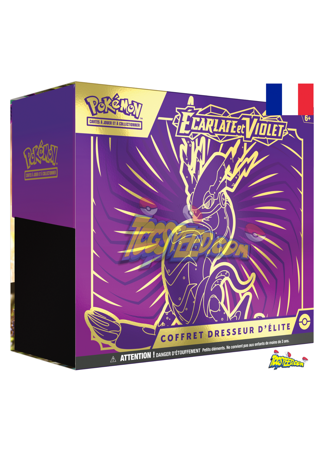 Coffret du dresseur ou elite trainer box pokemon de l’extension ev01 ecarlate et violet en version française et contenant 9 boosters de 10 cartes supplémentaires chacun 1 carte promo brillante entièrement illustrée du pokemon koraidon ou miraidon de 65 protèges-cartes et de 45 cartes energie 