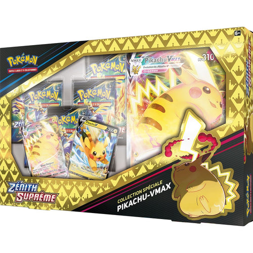 Préparez-vous à une tempête électrique de classe Gigamax avec cette Collection Spéciale Pokémon contenant des Boosters Zénith Suprême. Contenu du Coffret Collection : 1 carte promo texturée brillante de Pikachu VMAX 1 carte promo brillante de Pikachu V 1 carte promo Jumbo ou Grand Format de Pikachu VMAX 5 Boosters de l'extension EB 12.5 Zénith Suprême de 10 cartes supplémentaires chacun 1 Carte à code pour le JCC Pokemon Live