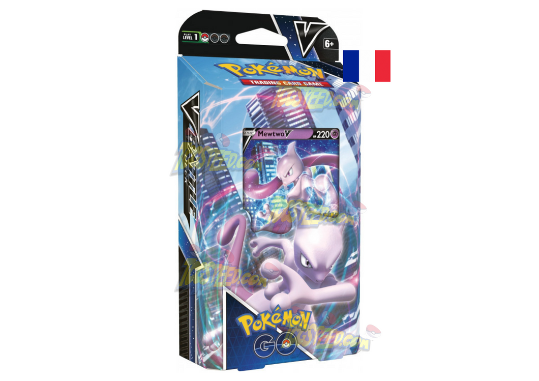 Deck de Combat Mewtwo V du nouveau jeu Pokemon Go contenant 60 cartes, une carte promo de Mewtwo V, un livret de règles ainsi qu’un tapis de jeu et une grande pièce métallisée 