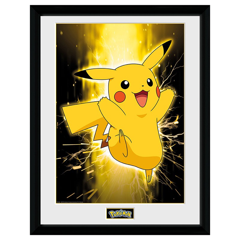 Egayez votre intérieur avec ce magnifique tirage encadré Pokemon représentant Pikachu heureux dans une ambiance électrique édité par GB Eye