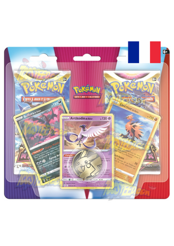 Enrichissez votre collection de cartes Pokemon grâce au pack de 2 boosters Astres Radieux EB10 accompagnés de trois cartes brillantes de Sulfura de Galar, Artikodin de Galar, Electhor de Galar en version française ainsi que d'un médaillon représentant le célèbre Pikachu 