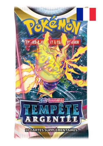 Retrouvez l’extension Pokemon Epée Bouclier EB12 Tempête Argentée dans ce booster sous blister de 10 cartes supplémentaires, une Energie de Base et un marqueur VSTAR en version française 