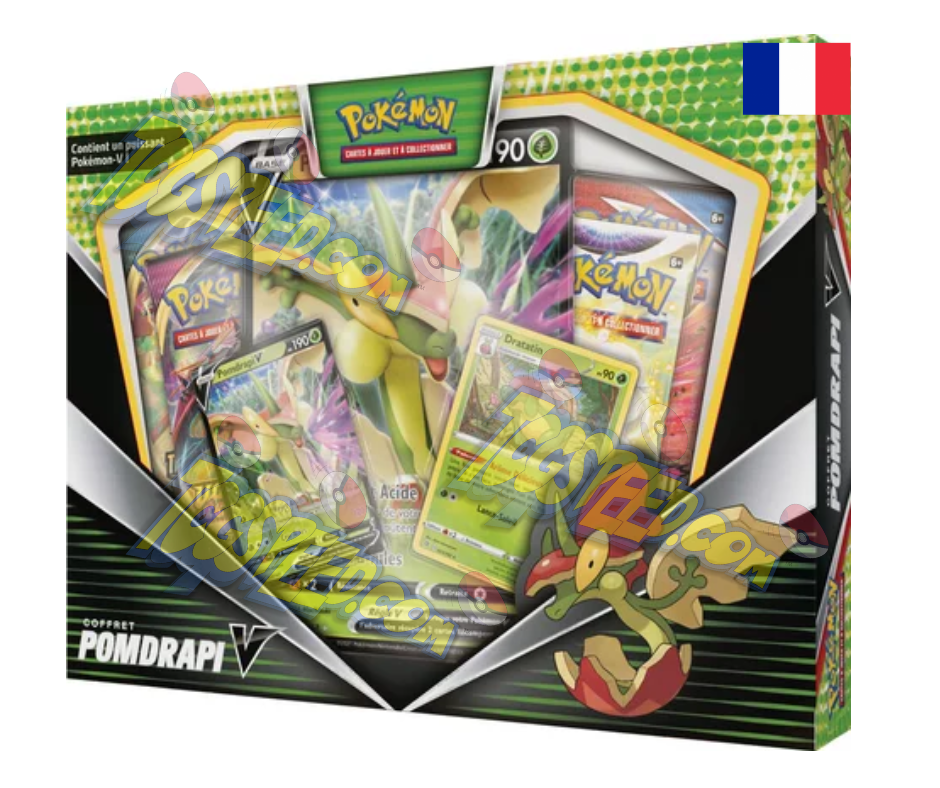 Retrouvez le Pokémon Pomdrapi V dans ce coffret rare en version française contenant une carte brillante de Pomdrapi V, une carte brillante de Dralatin, une carte grand format brillante de Pomdrapi V, quatre Boosters de 10 cartes supplémentaires chacun ainsi qu une carte pour jouer au JCC Pokémon Live
