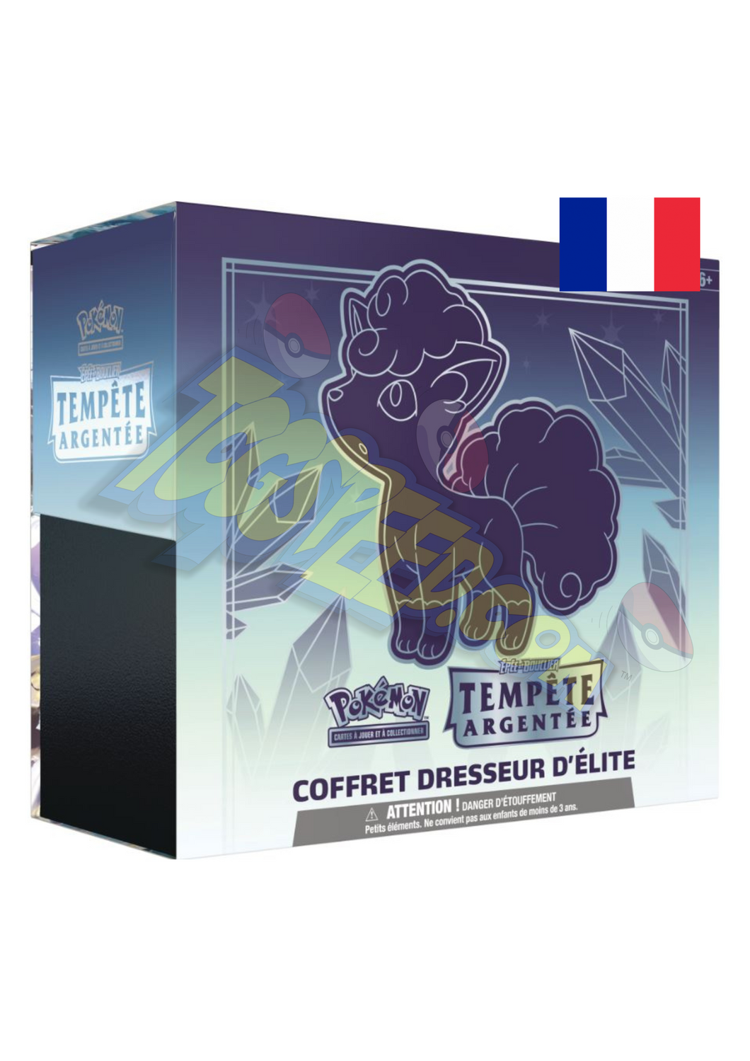 Elite Trainer Box Pokémon EB12 Tempête Argentée ou Coffret du Dresseur composée de 8 Boosters Tempête Argentée, 65 protèges-cartes ou sleeves représentant Goupix d'Alola, 45 cartes Energie, un guide de jeu de l'extension EB12, six dés marqueurs de dégâts, un dé lancer de pièce autorisé en compétition, deux marqueurs d'Etats Spéciaux, un marqueur VSTAR en acrylique ainsi qu'un coffret avec quatre séparateurs.