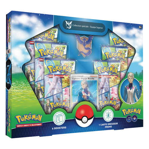 Découvrez le coffret collection Pokemon Go équipe Sagesse composé de 6 boosters une carte promo brillante illustrée un superbe pin s de l équipe Sagesse
