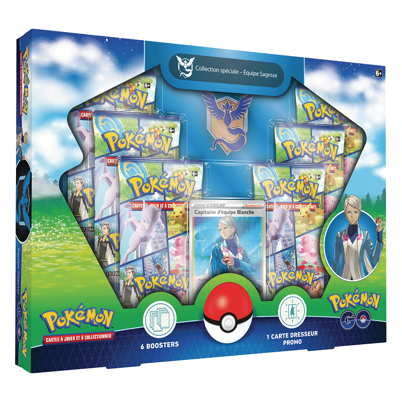 Découvrez le coffret collection Pokemon Go équipe Sagesse composé de 6 boosters une carte promo brillante illustrée un superbe pin s de l équipe Sagesse