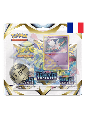 Retrouvez l’extension Pokemon Epée Bouclier EB12 Tempête Argentée dans ce tripack contenant 3 boosters de 10 cartes supplémentaires chacun en version française, une carte promo brillante à l effigie du Pokemon Togetic et une pièce Pokemon pour compléter votre collection 