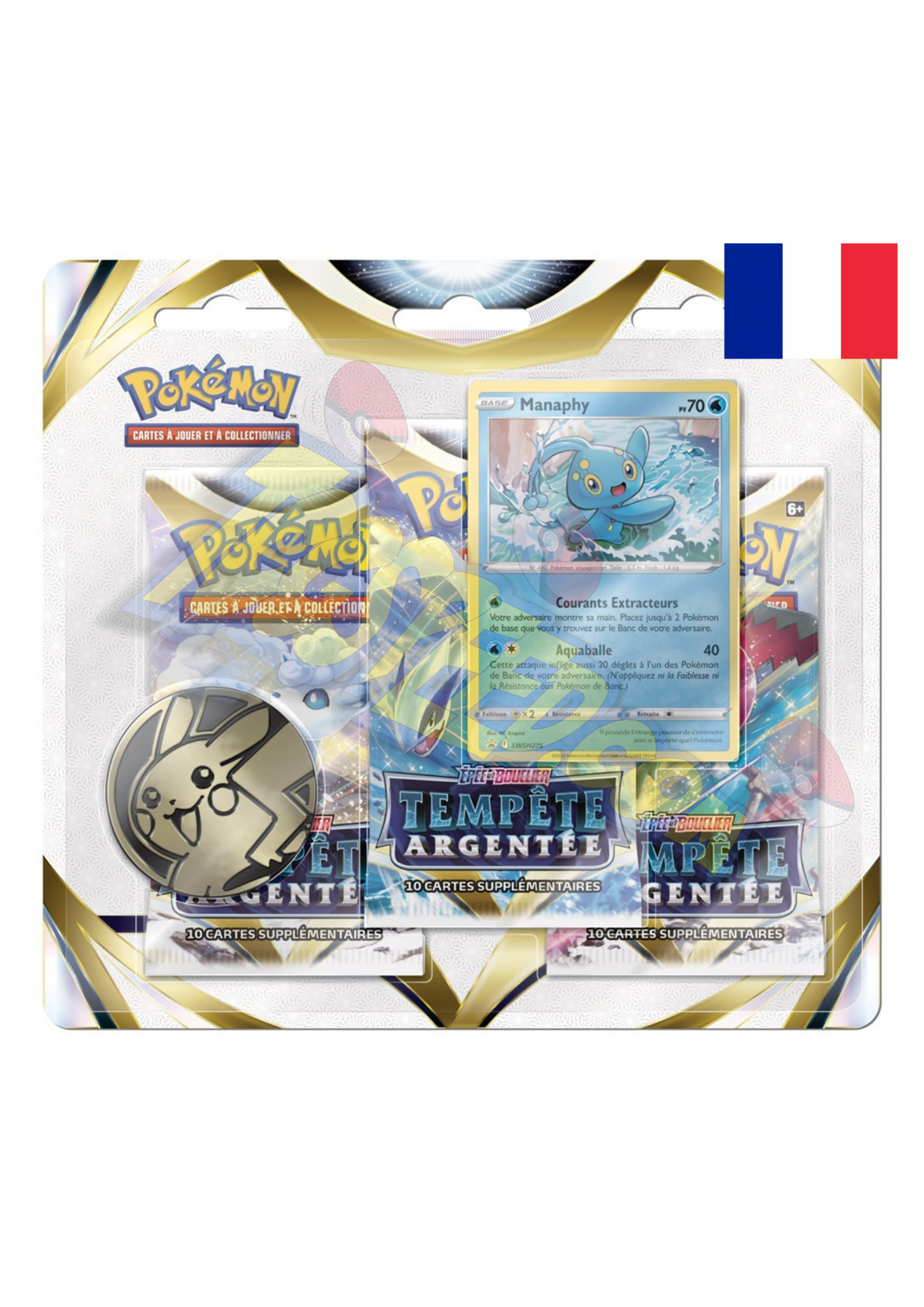 Retrouvez l’extension Pokemon Epée Bouclier EB12 Tempête Argentée dans ce tripack contenant 3 boosters de 10 cartes supplémentaires chacun en version française, une carte promo brillante à l effigie du Pokemon Manaphy et une pièce Pokemon pour compléter votre collection 